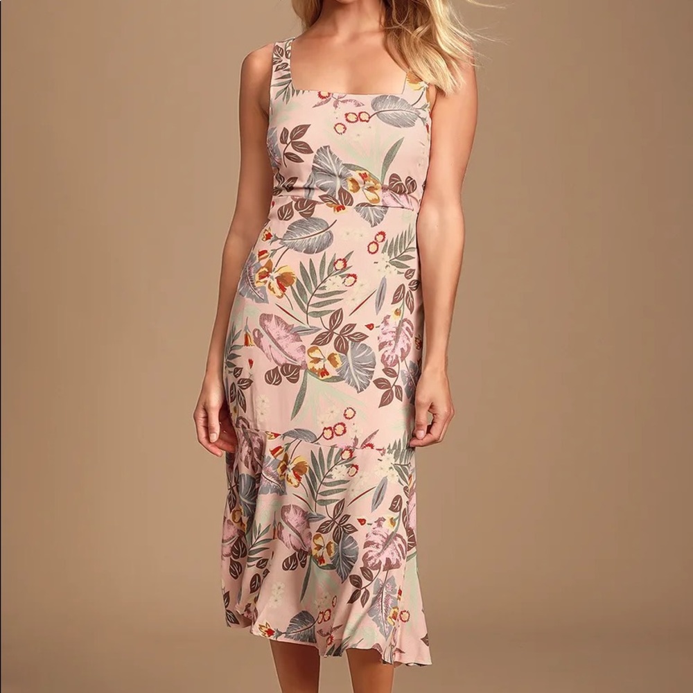 Island Sun Blush Pink Tropical Tie-Back Midi Dress